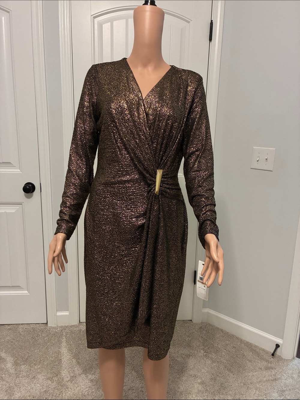 Long-Sleeve Metallic Brown Wrap Dress with Accent Detailing.
